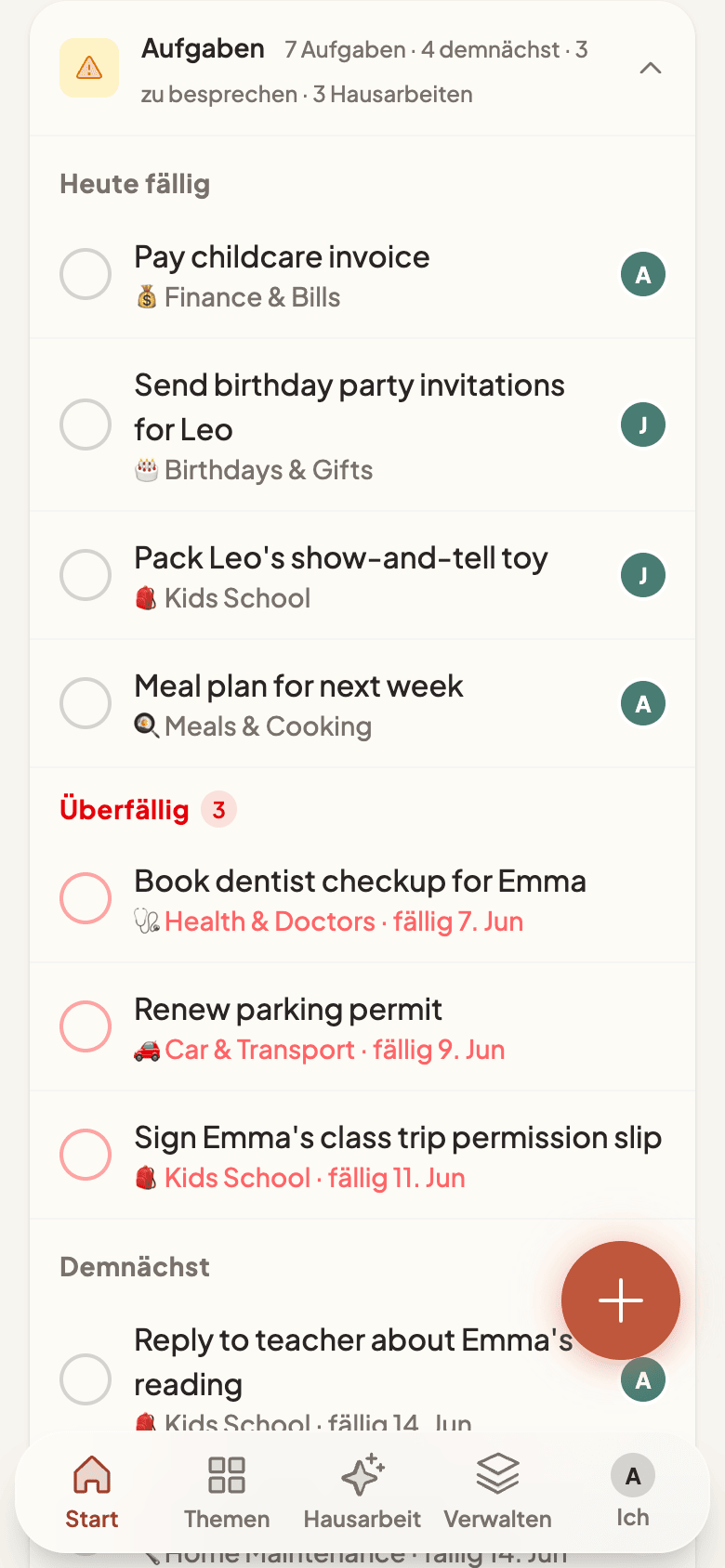 Today's agenda with notes and to-do summary