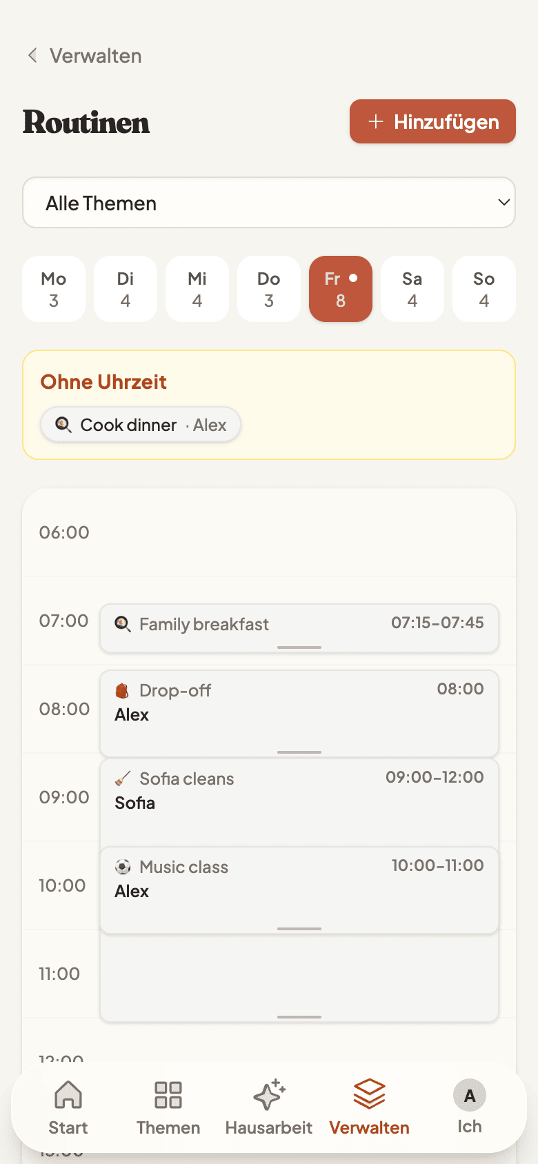 Weekly routines timeline