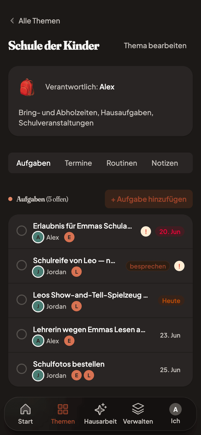 A single topic with tasks, events, and routines