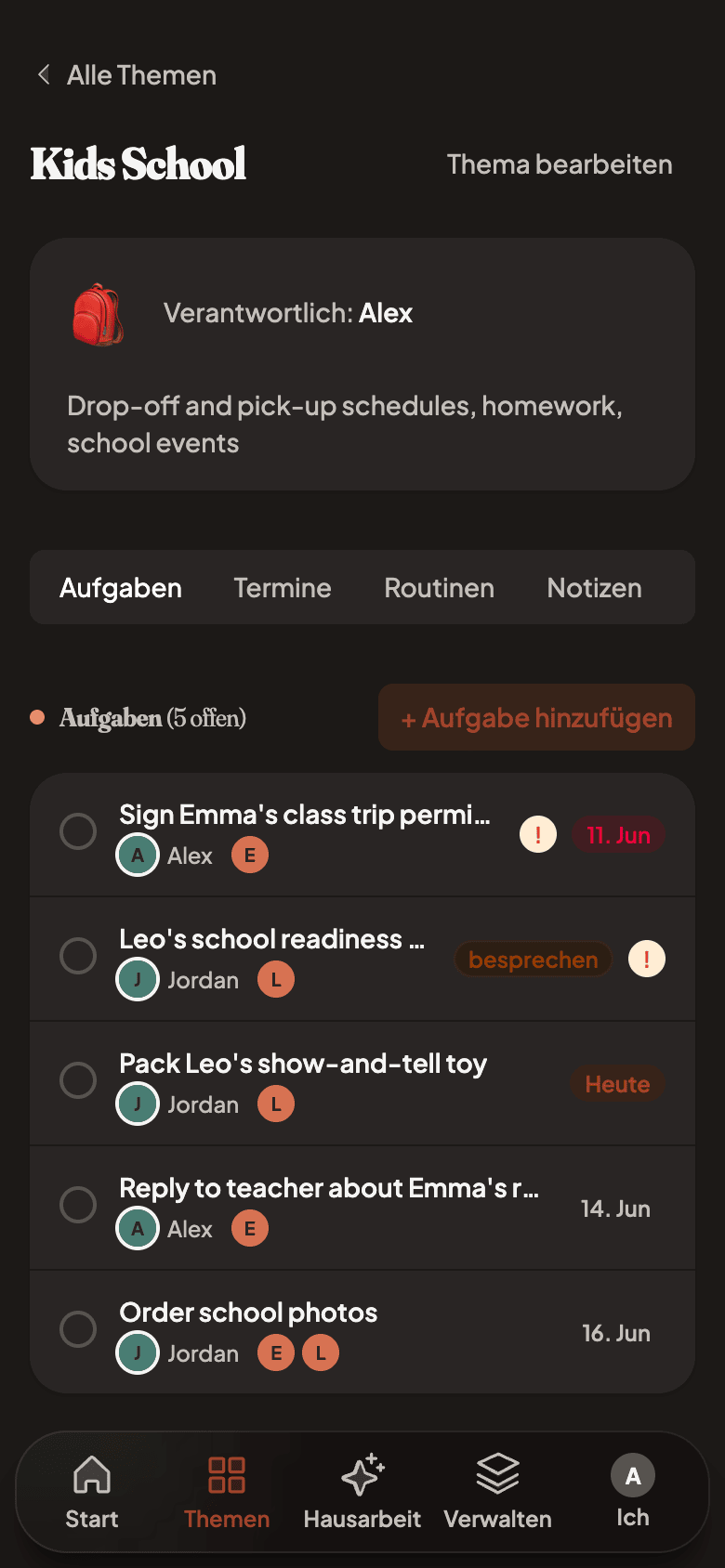 A single topic with tasks, events, and routines