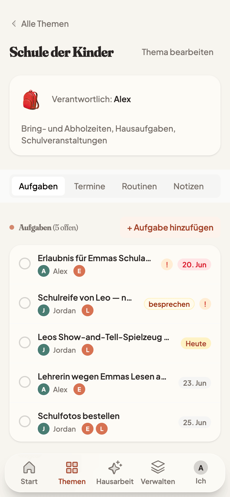 A single topic with tasks, events, and routines