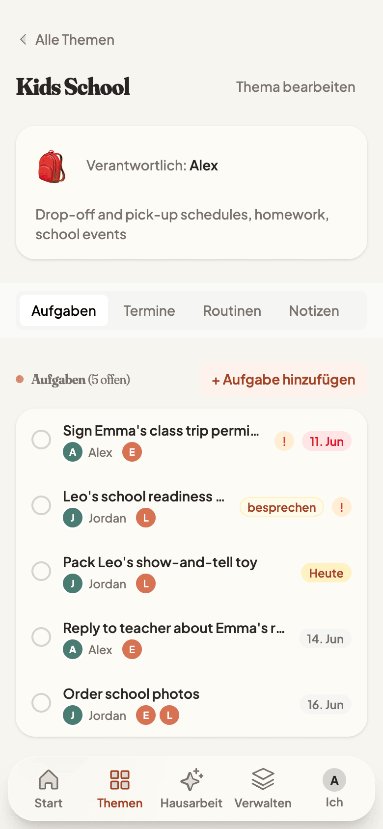 A single topic with tasks, events, and routines