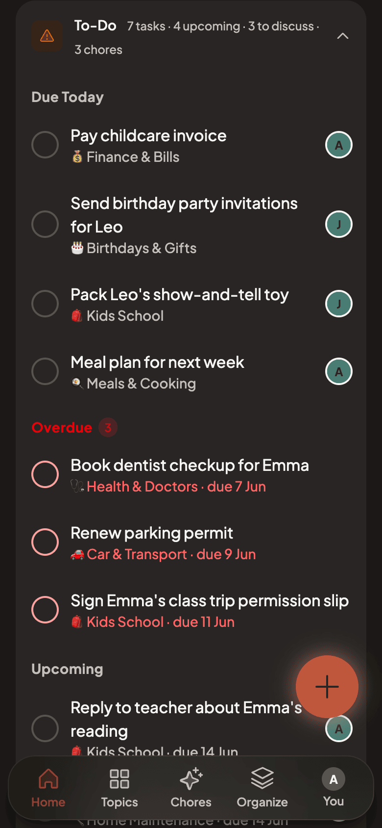 Today's agenda with notes and to-do summary
