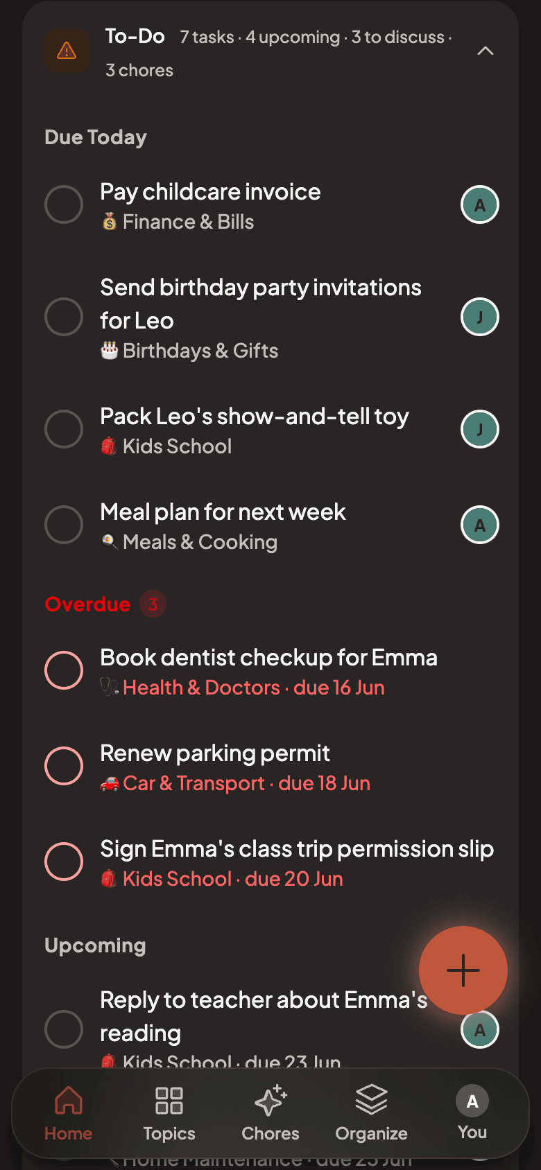 Today's agenda with notes and to-do summary