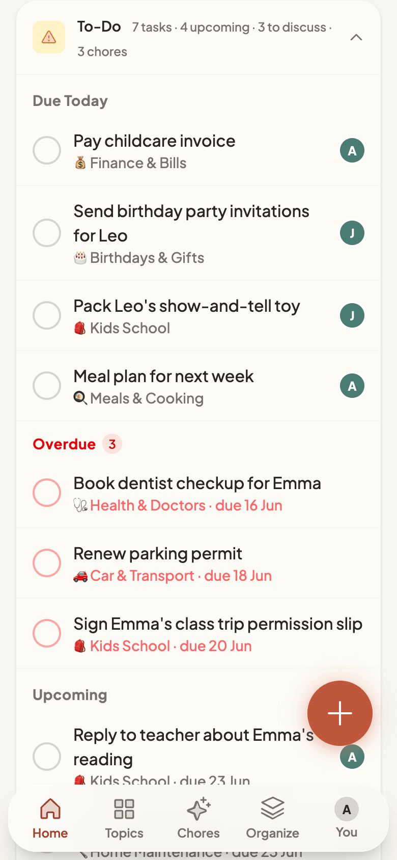 Today's agenda with notes and to-do summary