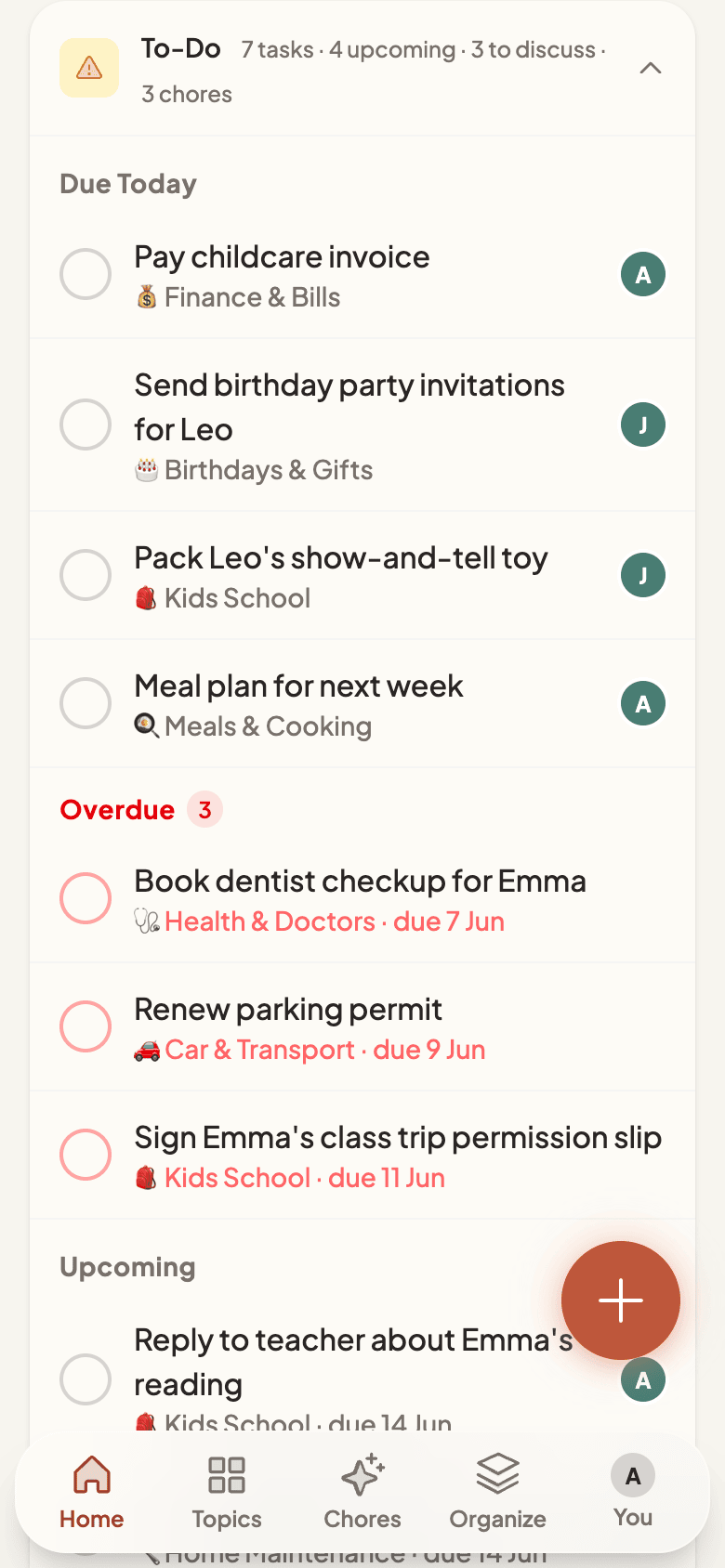 Today's agenda with notes and to-do summary