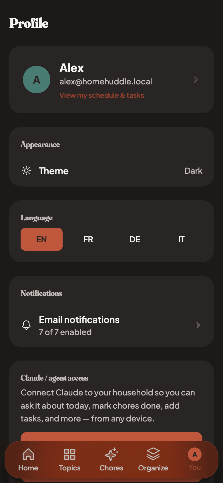 Profile page with email notification preferences