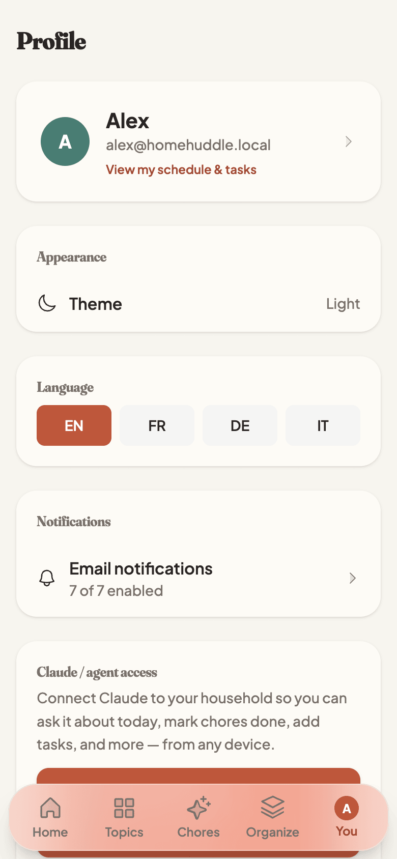 Profile page with email notification preferences