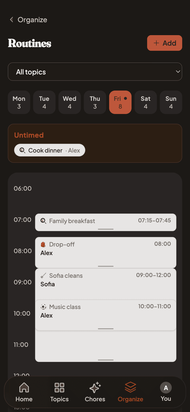 Weekly routines timeline