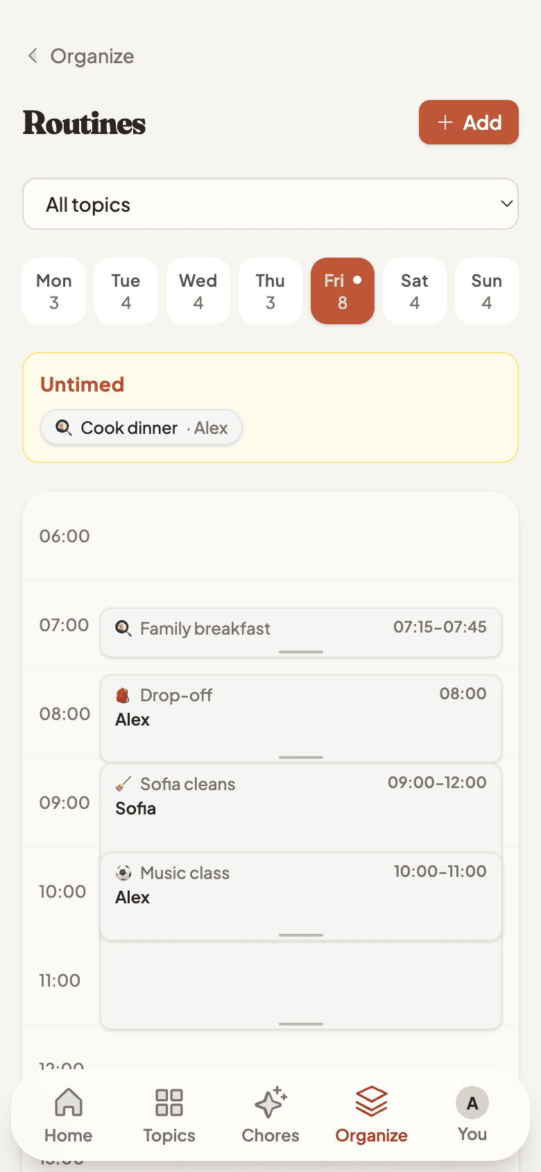 Weekly routines timeline