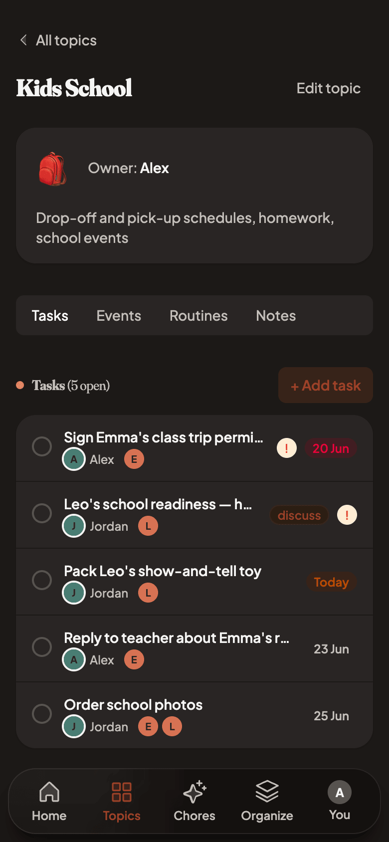 A single topic with tasks, events, and routines