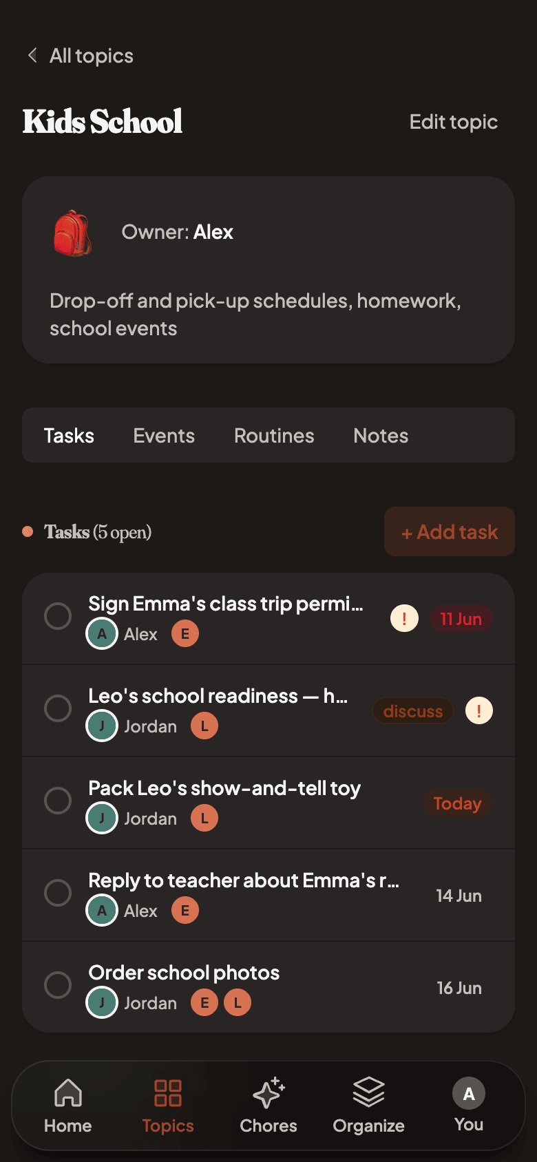 A single topic with tasks, events, and routines