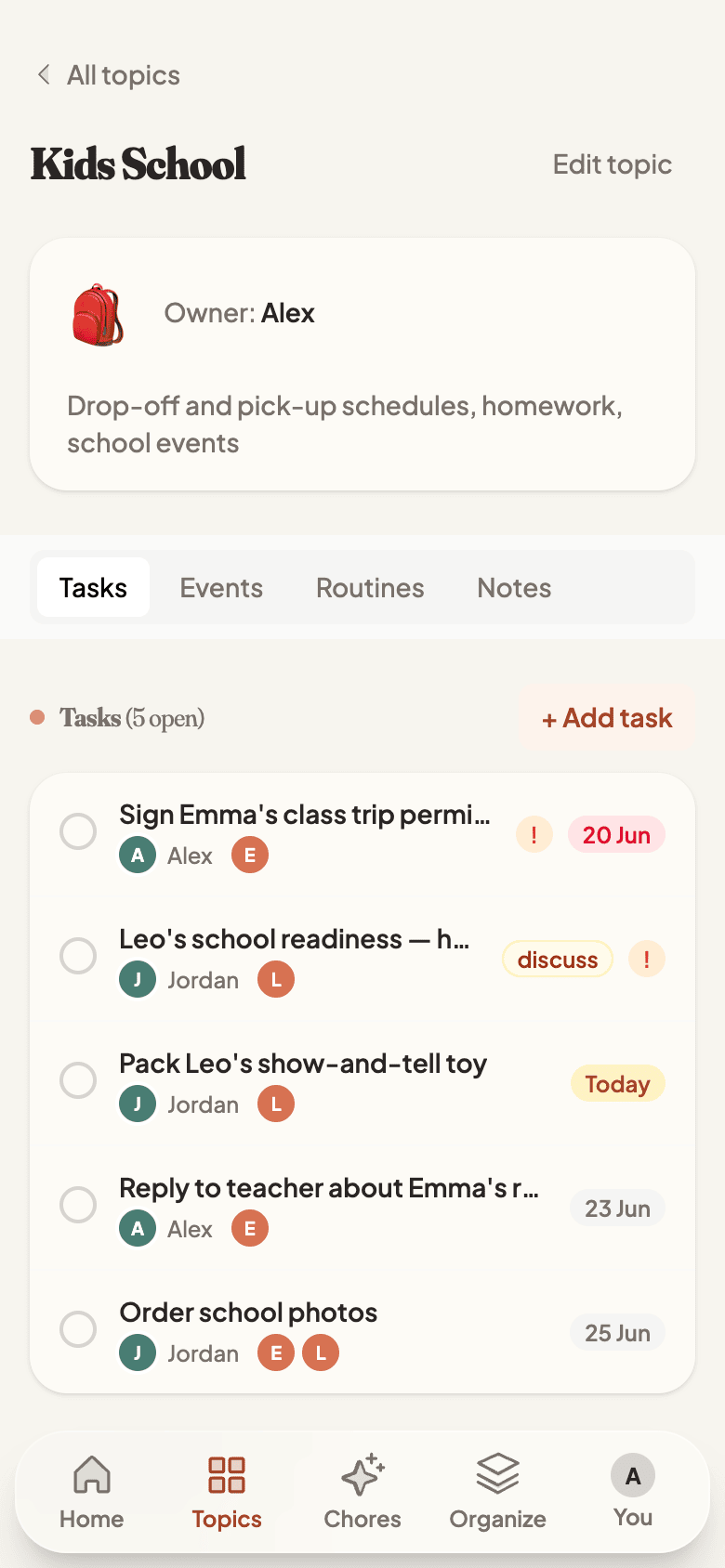 A single topic with tasks, events, and routines