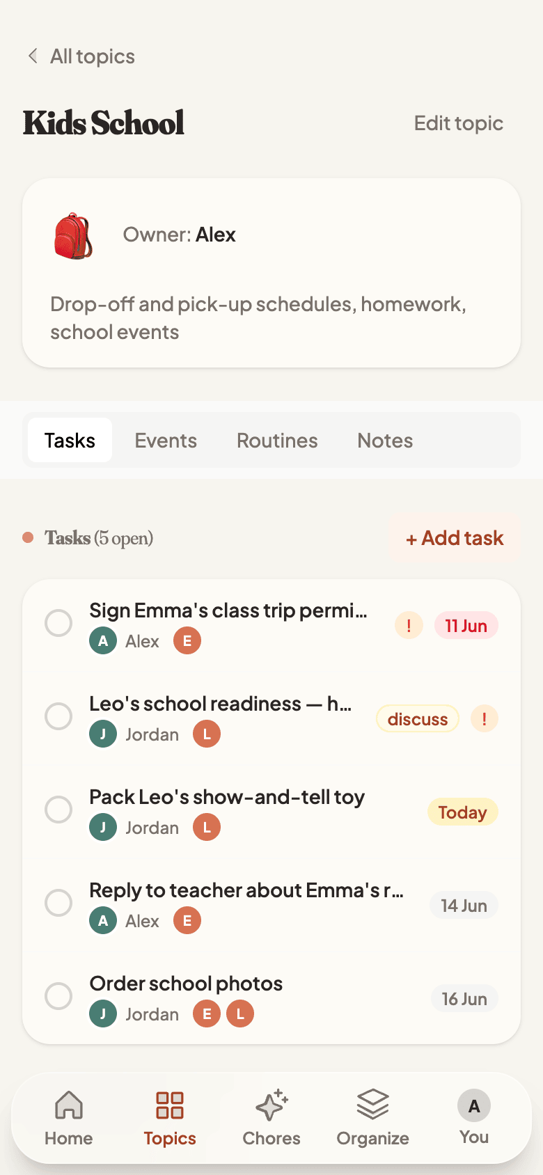 A single topic with tasks, events, and routines