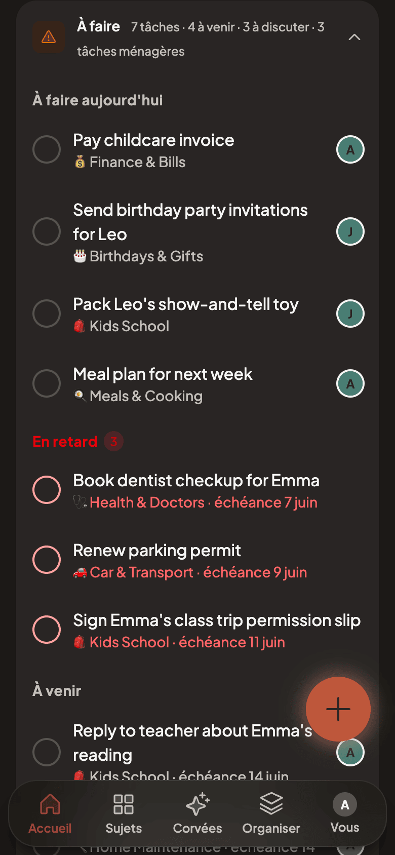 Today's agenda with notes and to-do summary