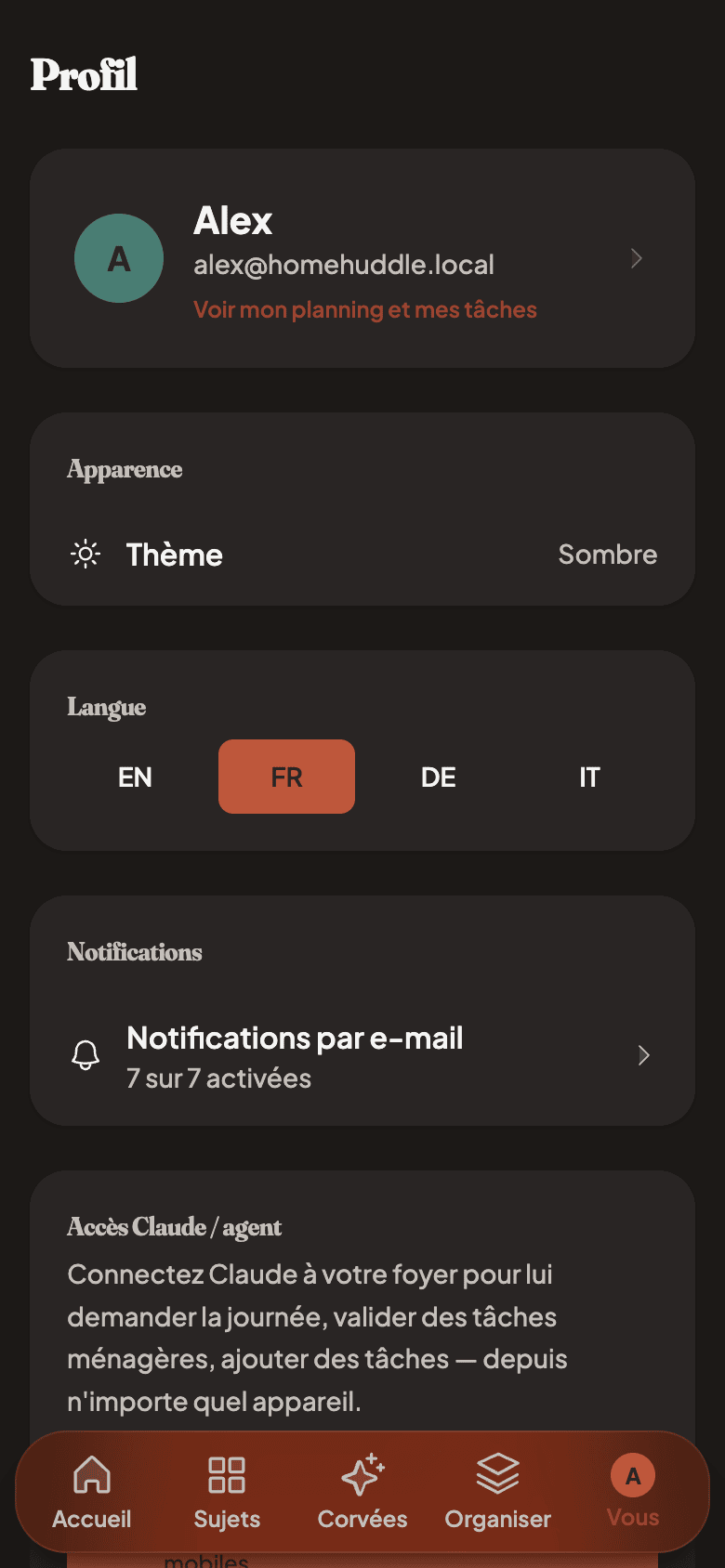 Profile page with email notification preferences