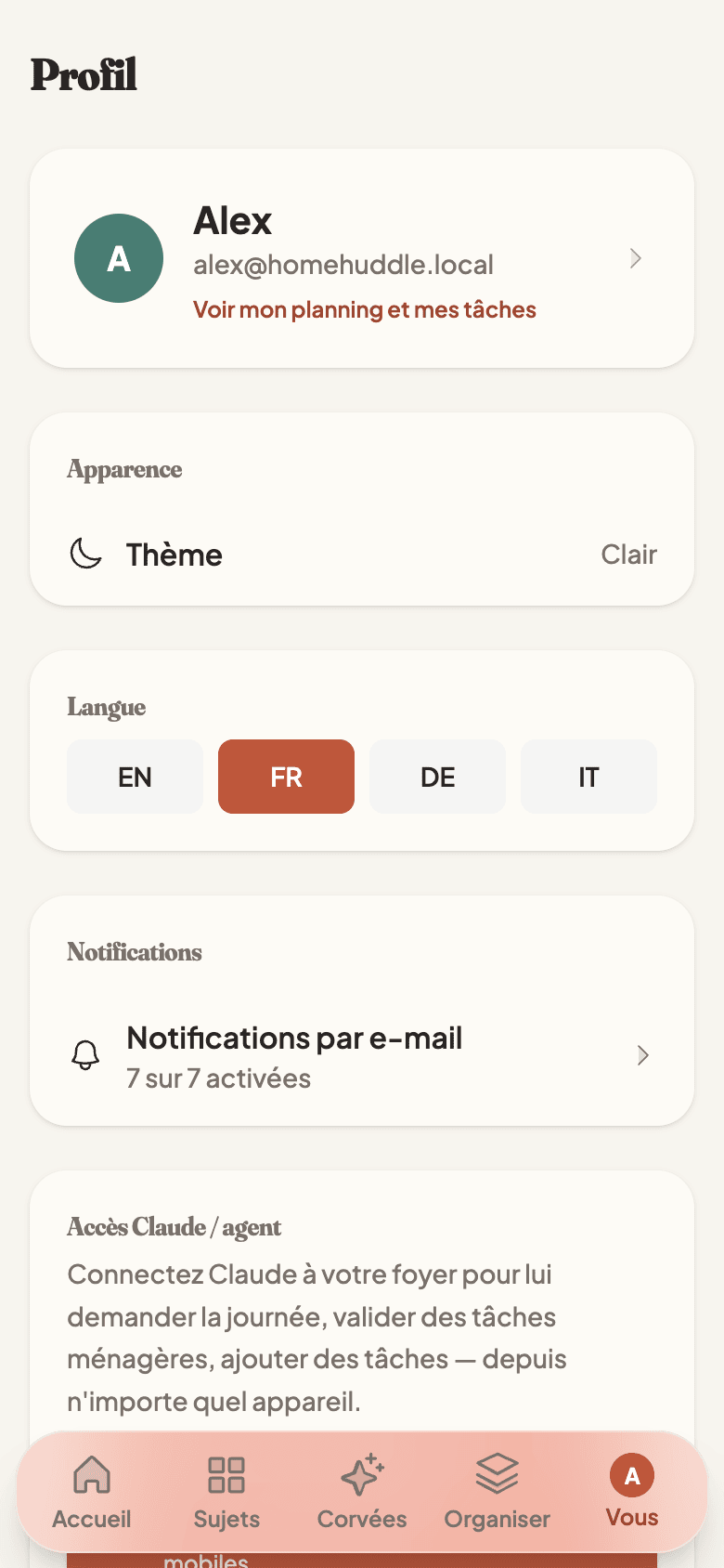 Profile page with email notification preferences