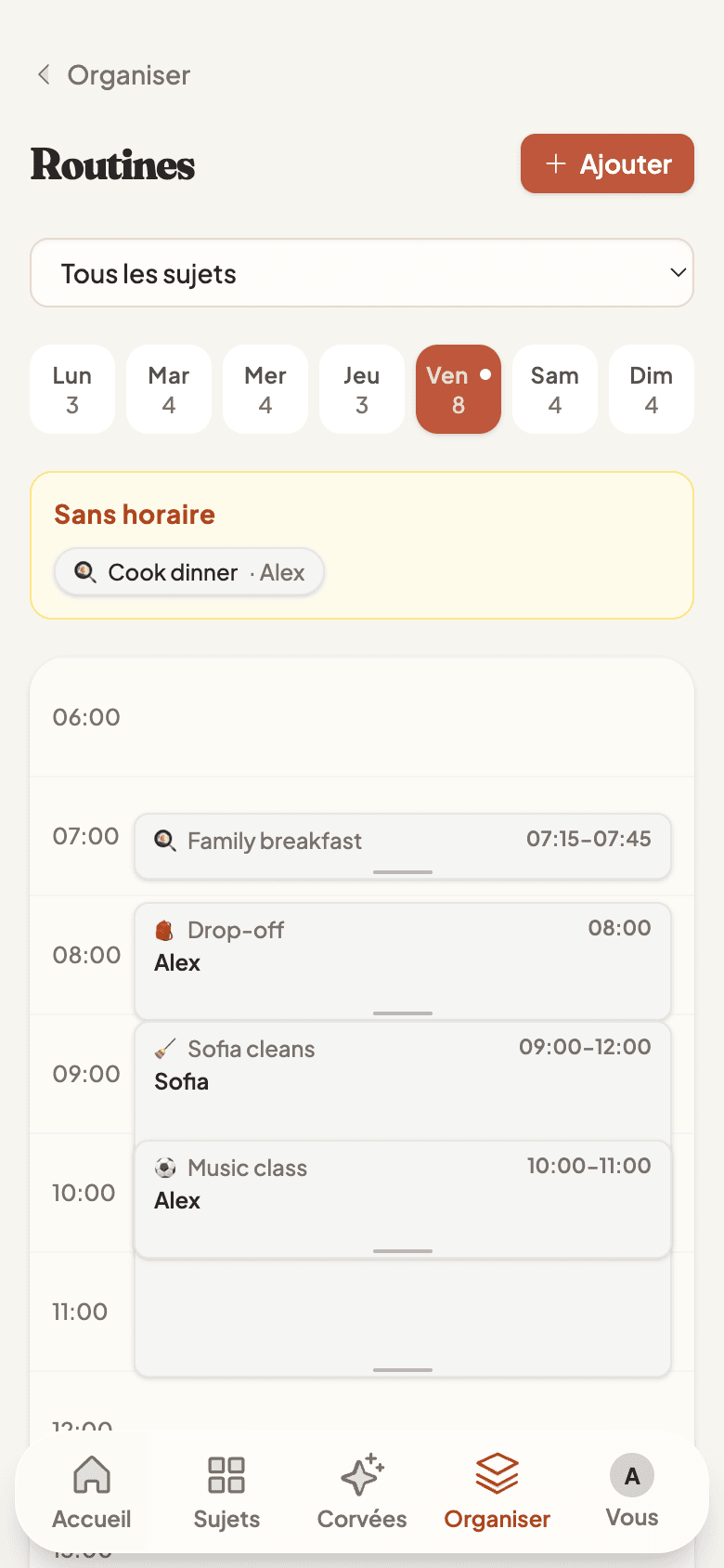 Weekly routines timeline