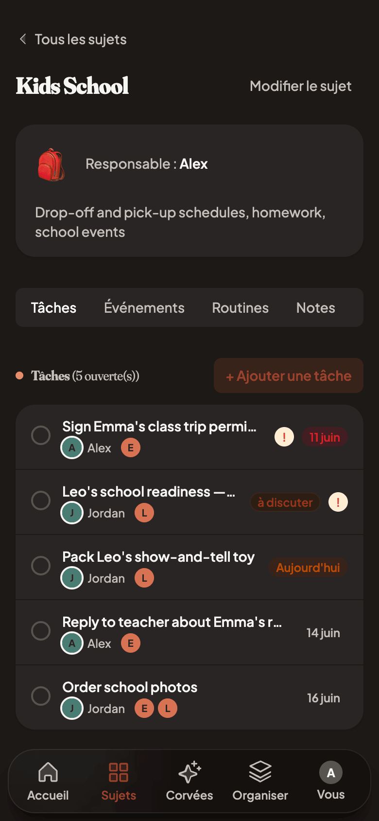 A single topic with tasks, events, and routines