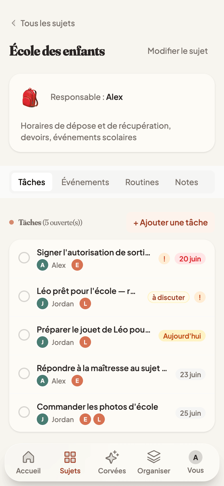 A single topic with tasks, events, and routines