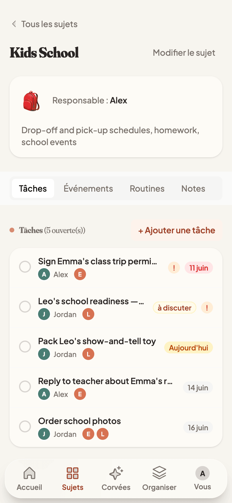 A single topic with tasks, events, and routines