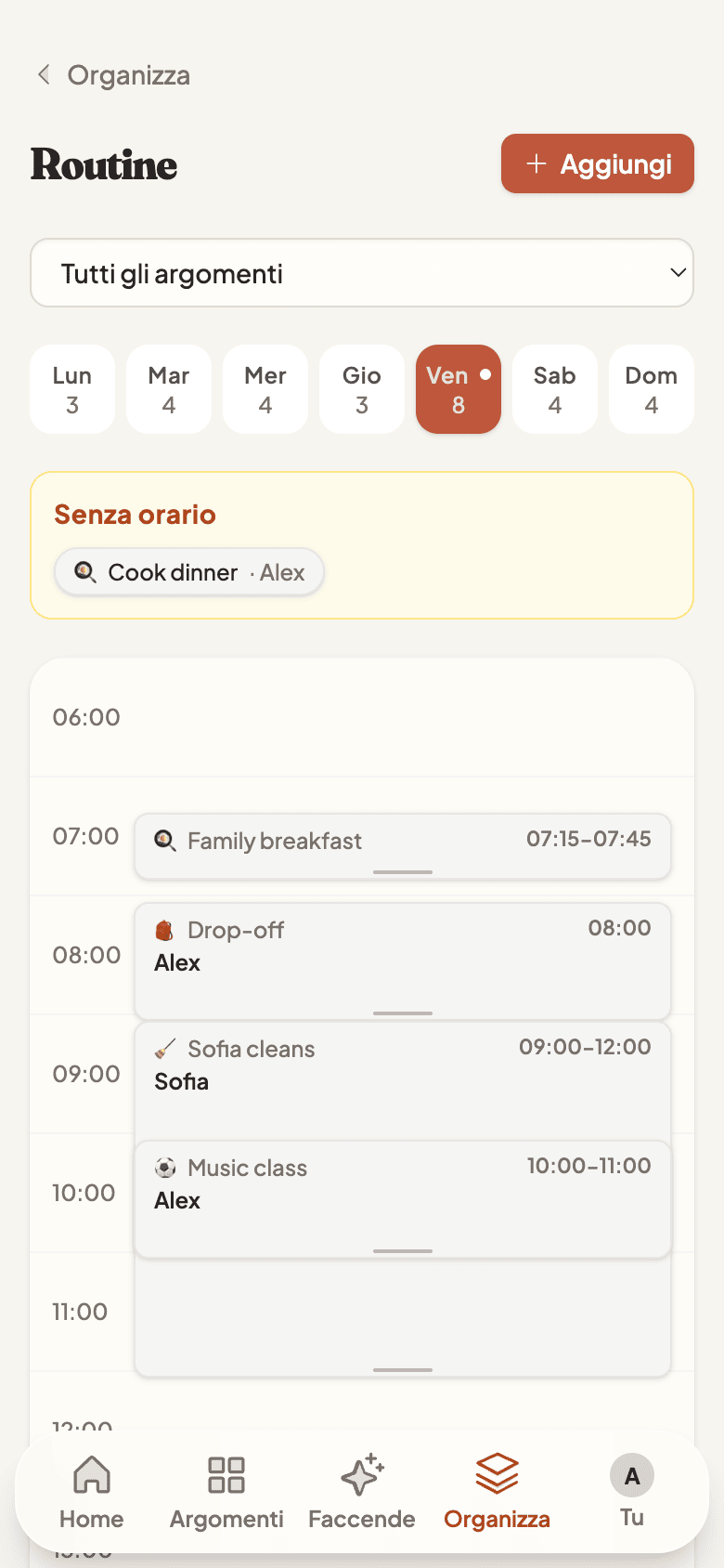 Weekly routines timeline