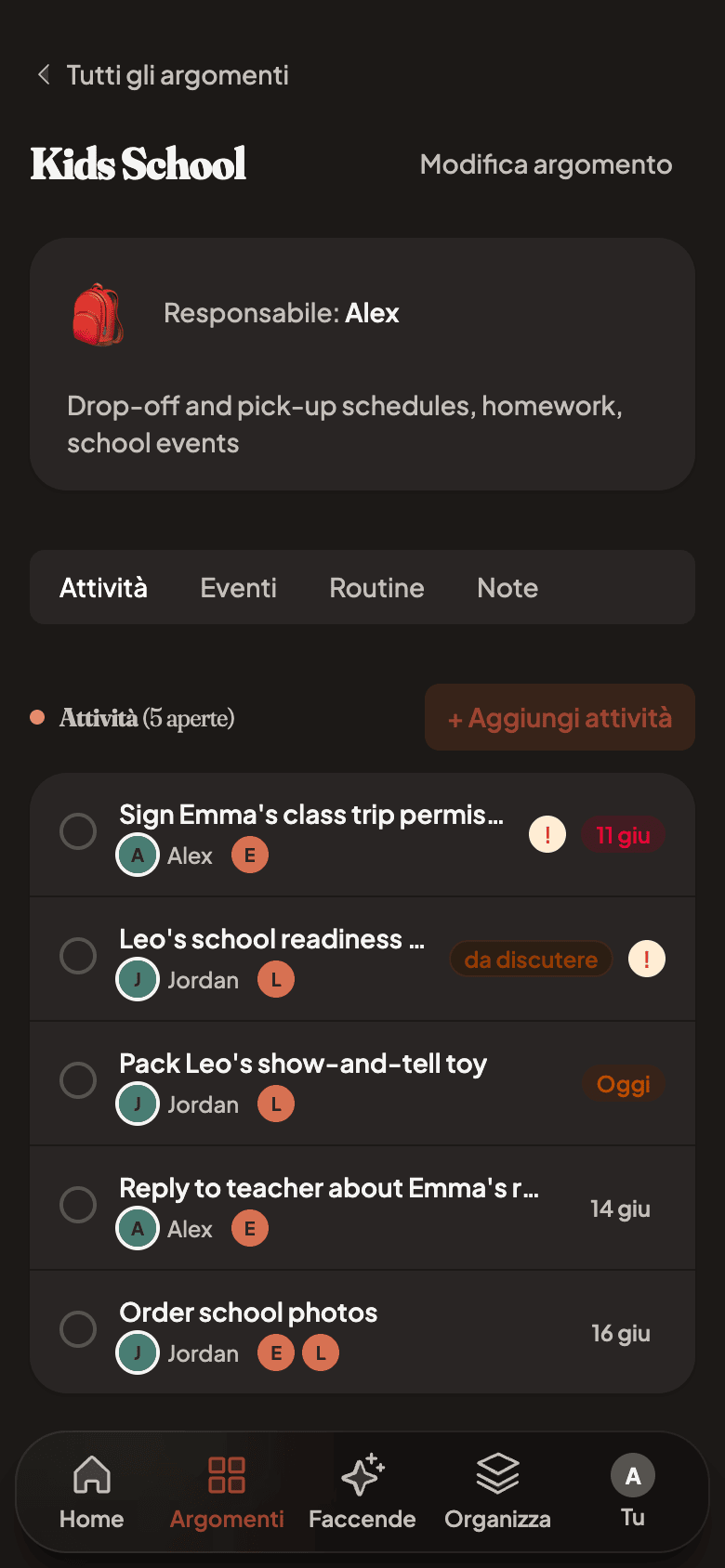 A single topic with tasks, events, and routines