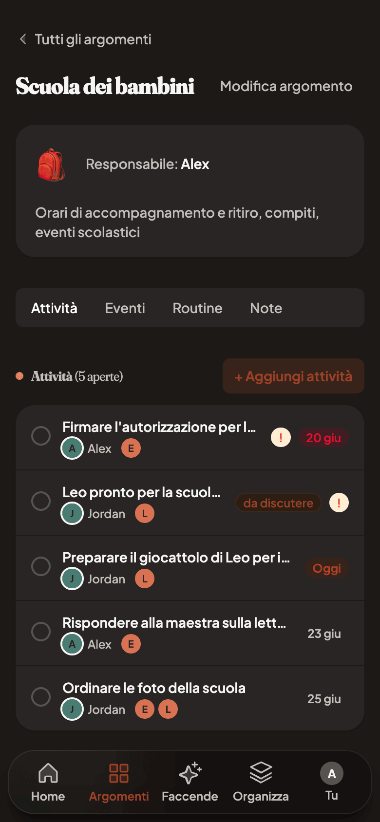 A single topic with tasks, events, and routines