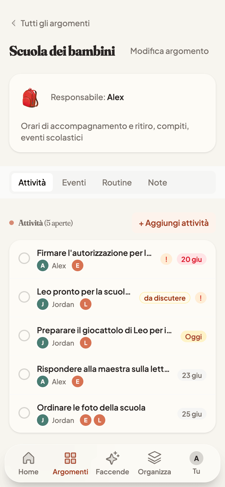 A single topic with tasks, events, and routines