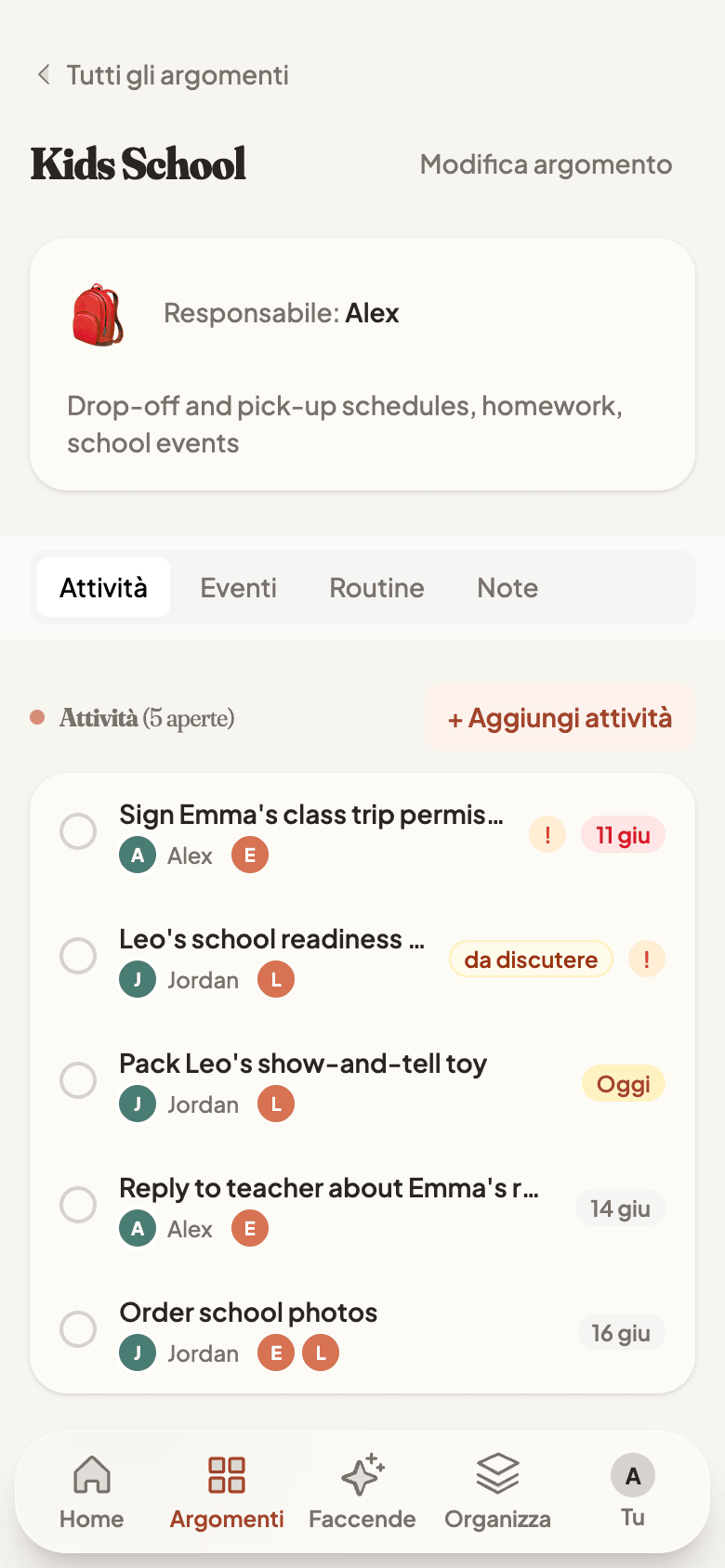A single topic with tasks, events, and routines